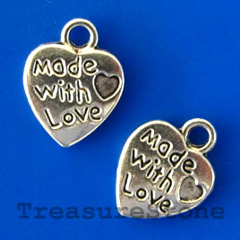 Charm/pendant, 13x10mm heart, Made with Love. Pkg of 14.