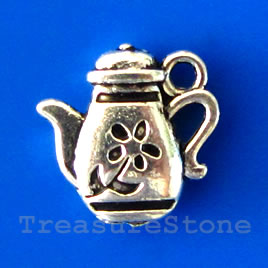 Charm/pendant, silver-plated, 13x14mm teapot. Pkg of 12.