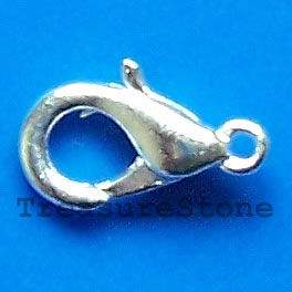 Clasp, lobster claw, silver-finished, 10x6mm. Pkg of 15