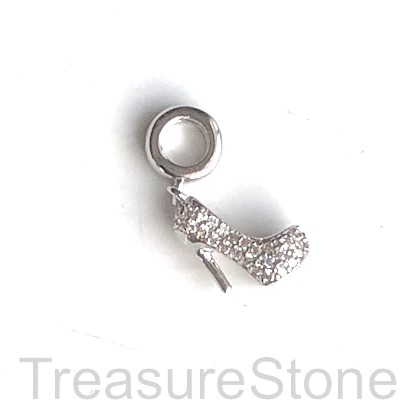 Pave Charm, 9x14 mm silver high heels, shoes, Brass, CZ. Each