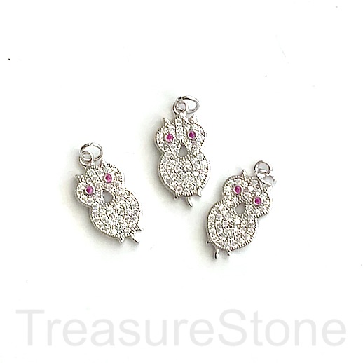 Pave Charm, brass, 16mm silver owl, clear CZ. Ea